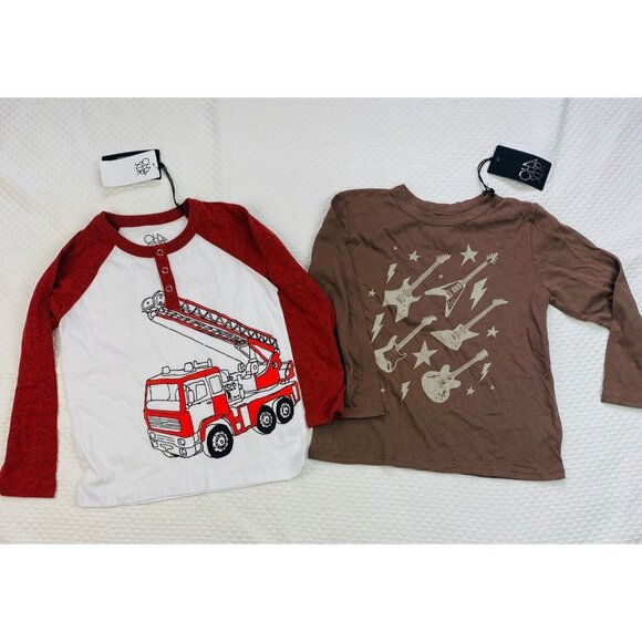 CHASER LOT OF 2 Shirts Boys Size 7-8 Brown Fire Truck Guitar Long Sleeve
